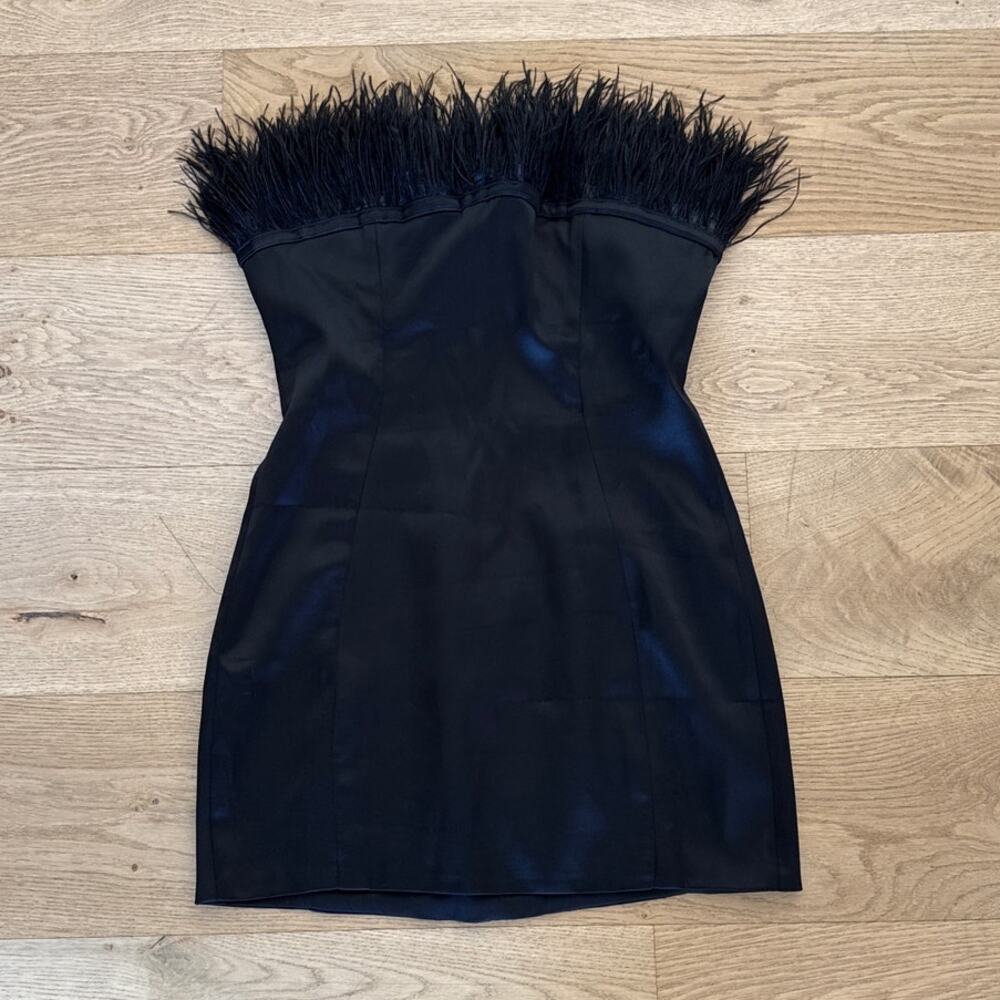 Mistress Rocks Feather Mini Dress Off Shoulder Satin Fiesta Size S Black